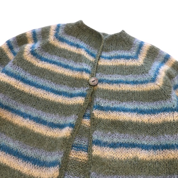 Handmade Sweaters - Handmade Mohair Blend Striped Cardigan Abalone Button Fuzzy Chic Knit M